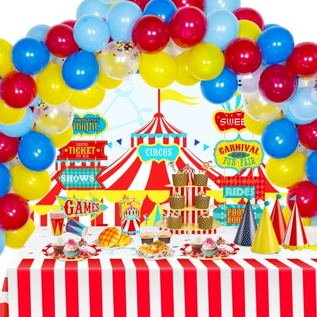 DECORLIFE Carnival Theme Party Decorations, Includes Circus Backdrop, Door Signs, Hats, Photo Props, Balloons, Hanging Swirls, Banners