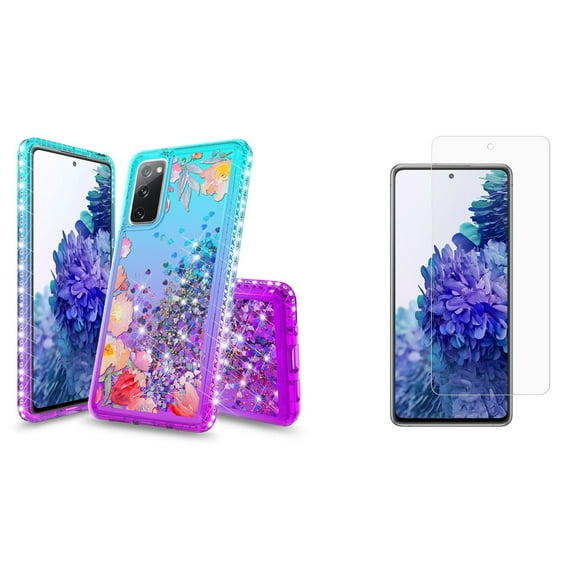 Bemz Liquid Quicksand Case for Samsung Galaxy S20 FE (with 2 Pack of Tempered Glass Screen Protectors and Touch Tool) - Watercolor Floral (Teal/Purple)