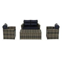 WestinTrends 4-Piece Conversation Set with Back Cushions PE Rattan Furniture, Brown/Navy Blue