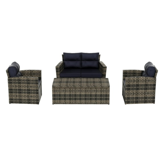 WestinTrends 4-Piece Conversation Set with Back Cushions PE Rattan Furniture, Brown/Navy Blue