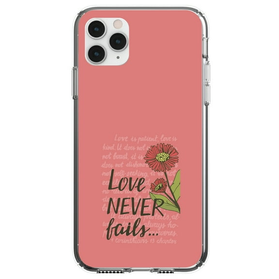 DistinctInk Clear Shockproof Hybrid Case for iPhone 11 Pro (5.8" Screen) - TPU Bumper, Acrylic Back, Tempered Glass Screen Protector - 1 Corinthians 13 - Love Never Fails - Flower