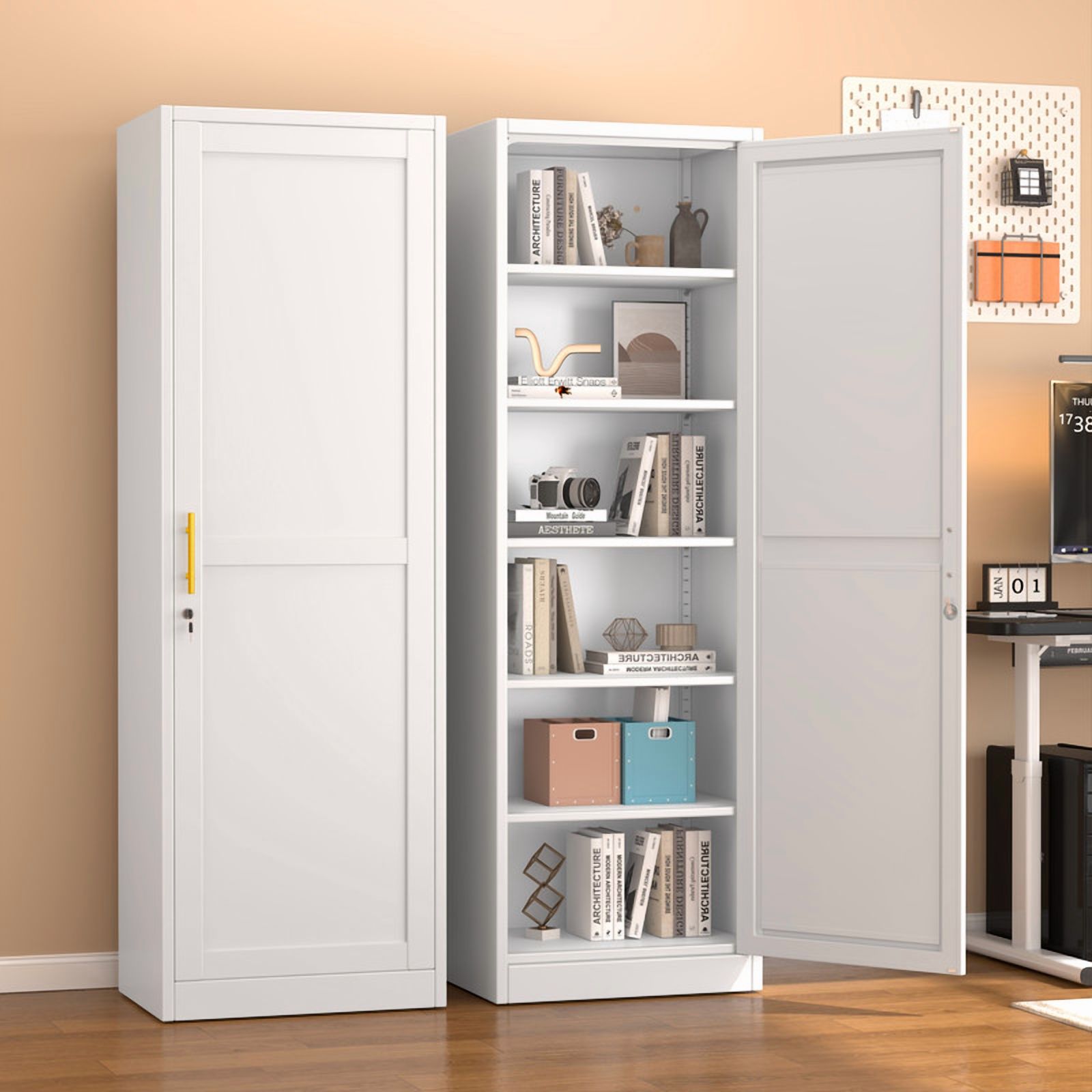 Ero 67" Metal Storage Cabinet with Lock, Tall Narrow Office File Cabinets with 1 Door & 5 Adjustable Shelves