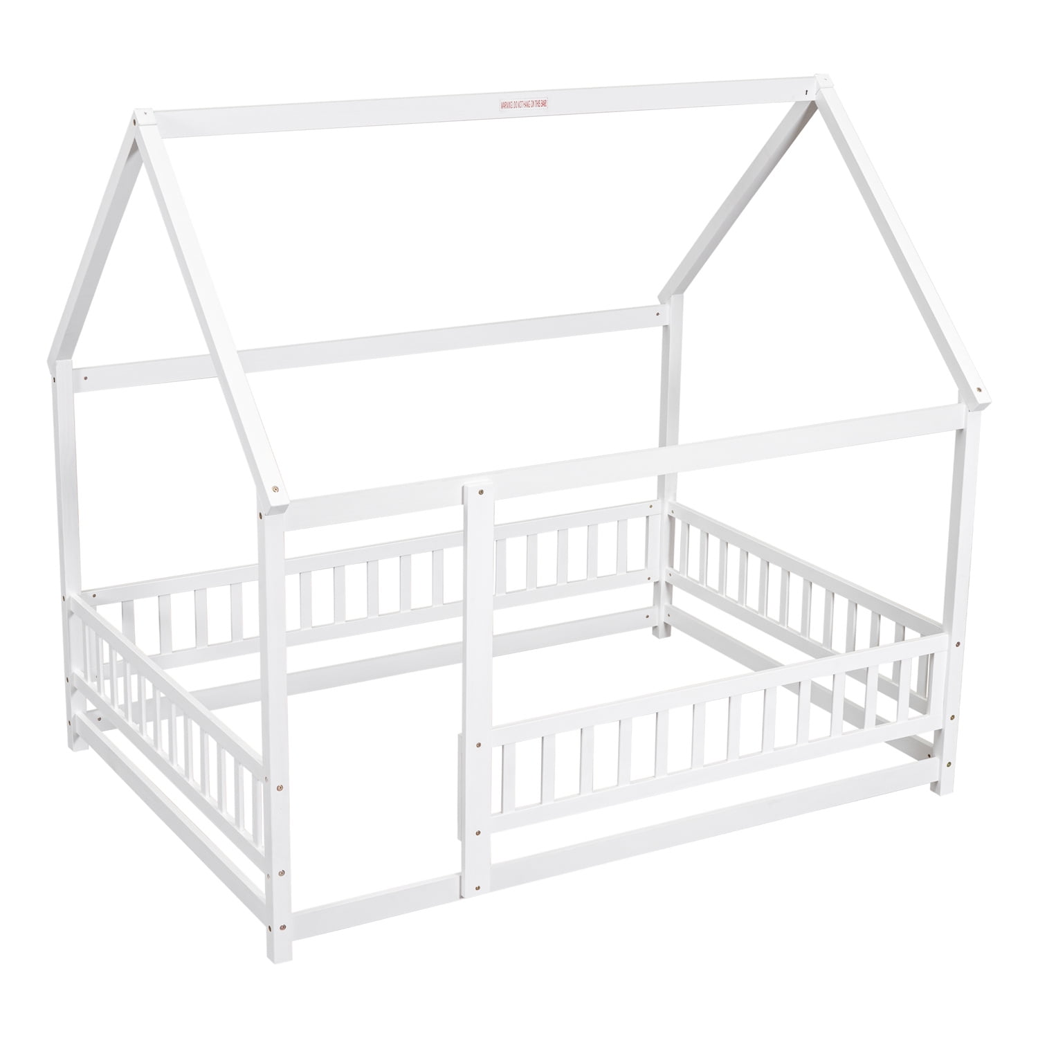 Full Size Floor Bed with Fence and Door, Wooden Low Floor Bed Frame with Safety Guardrails and House Roof Frame, Montessori Platform Beds for Kids, Boys, Girls, Mattress Not included, White
