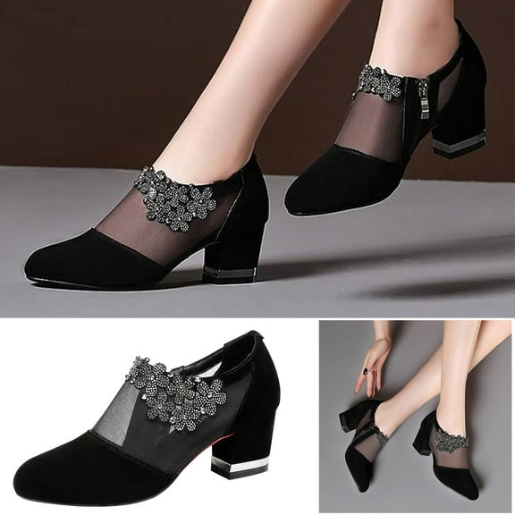 Jacenvly 2024 New Fish Mouth Women's Thick Heel High Heel Lace Mesh High Four Seasons Shoes Black Sandals for Women