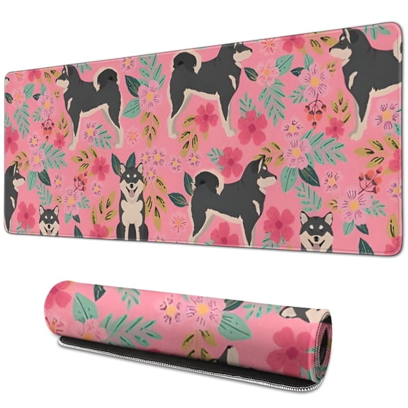 Long Mouse Pads for Desk,Shiba Inu Dog and Flower Floral Desk Mats on Top Of Desks, Desk Mouse Pad Extra Large with 3mm Non-Slip Base and Stitched Edge for Gaming,Office,Work,Home 31.5"x11.8"