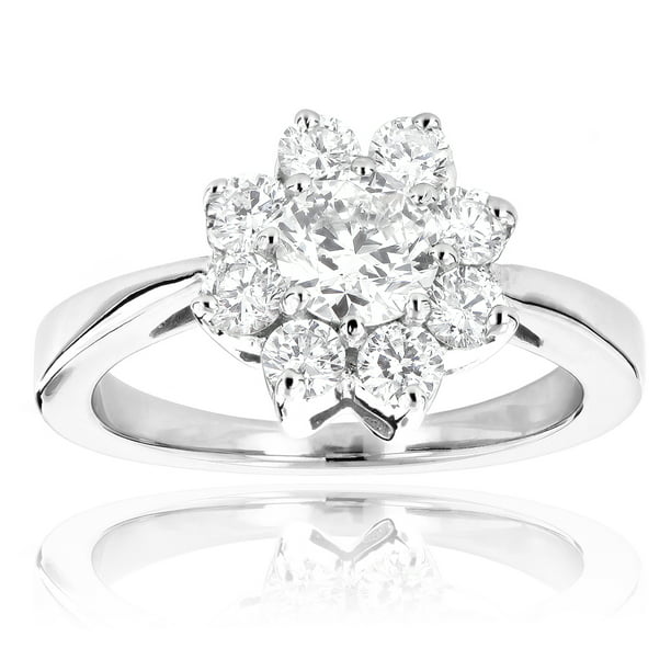 Ladies Diamond Cluster Rings: 14K Gold Diamond Flower Ring 1.3 Ctw (White  Gold Size 4.5)