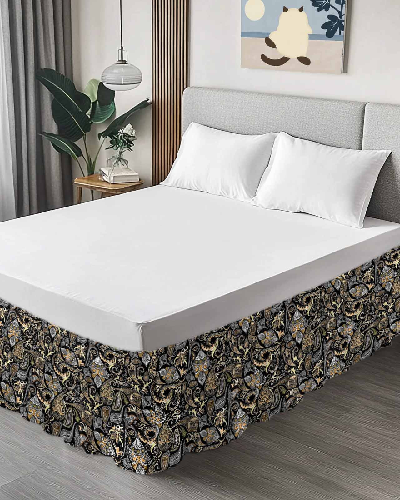 Black Floral Wrap Around Bed Skirts for Queen Bed 18" Drop,Bed Skirt with Adjustable Elastic Belt Dust Ruffle Bed Valance for Bedroom Hotel Boho Botanical Vintage Paisley Flower Bed Frame Cover