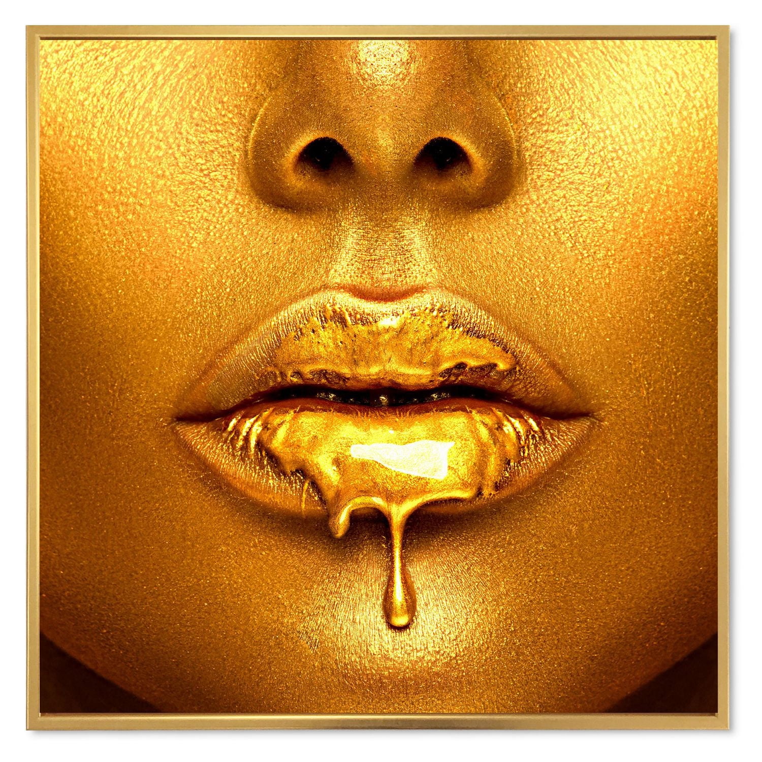 Designart Gold Paint Drips From Sexy Woman Lips FLOAT FRAME WALL ART