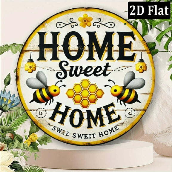 [Vintage Bee Metal Art] Rustic Vintage Metal Wall Art - Bee Sweet Home Round Tin Sign _ 2D Print, No Power Needed, Perfect for Living Rooms, Kitchens, Patios, and Events, Outdoor Decor, Farmhouse