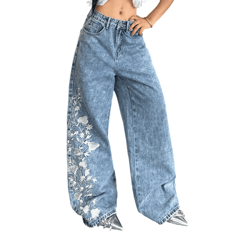 Mrmall Women Baggy Jeans Floral Embroidered Wide Leg Denim Pants Y2k Hip Hop Loose Long Trousers Streetwear
