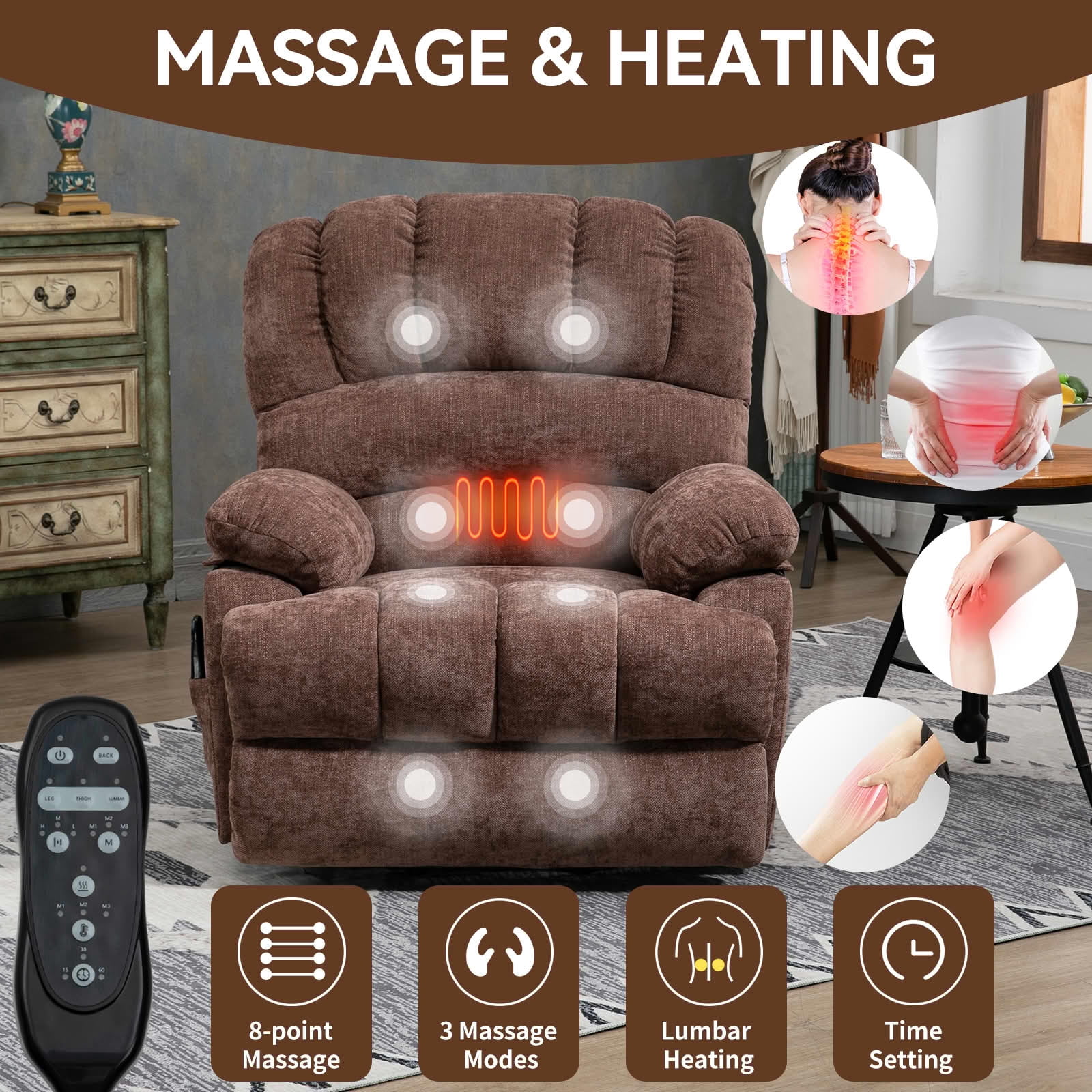 MAYEERTY Brown Chenille Power Lift Recliner, 350lbs 23" Seat 8-Point Massage Heat 39"x41"x42" for Elderly