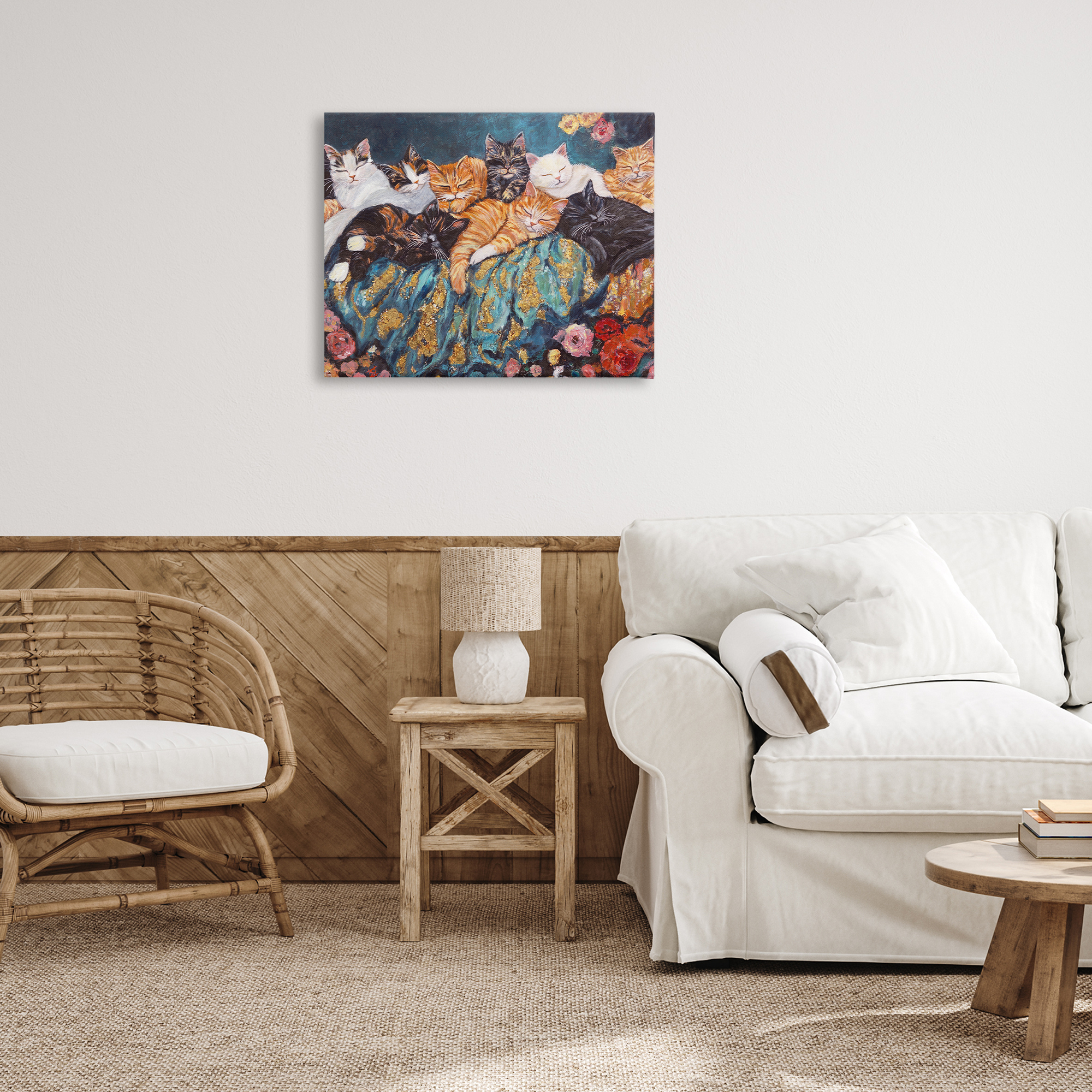 Sleepy Kitty Crowd with Flowers Canvas Wall Art, design by Sara Culpepper