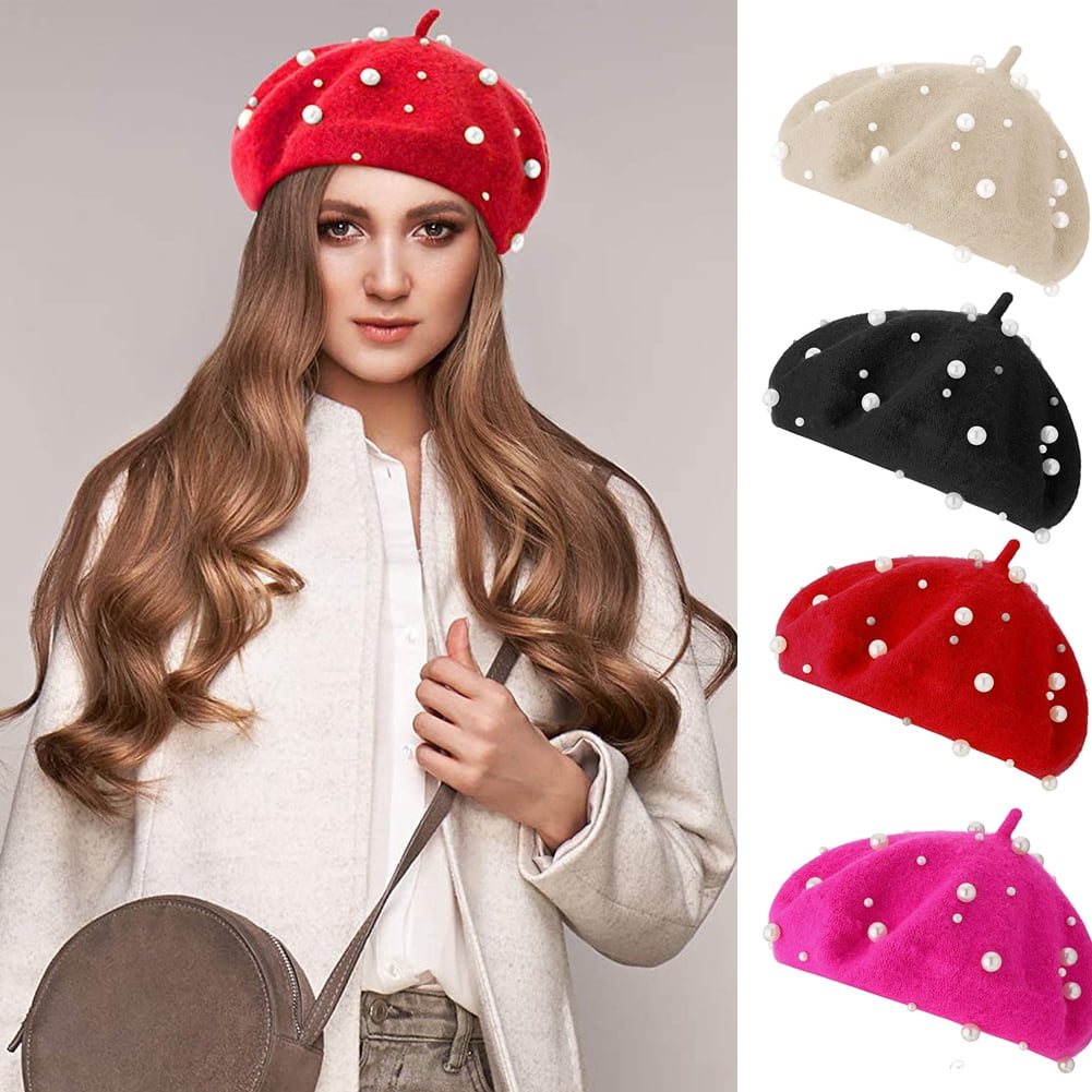 HUEHKHAD Wool Beret French Beanie Wintermützen für Frauen Flower Red Flat Cap Lady Girl Berets 