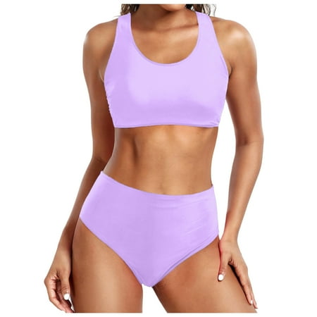 JIANJIA Swim Suits for Women Summer Solid Color Strappy Sexy Push Up Bra And Panty Set Vintage Sports Two Piece Tankinis Swimwears Holiday Wear Purple S