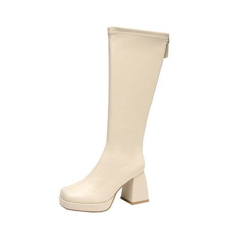 

nsendm Women Knee High Boots Size 10 Ladies Fashion Solid Color Leather Square Toe Back Thigh High Boots Size 7 Women Shoes Beige 6.5
