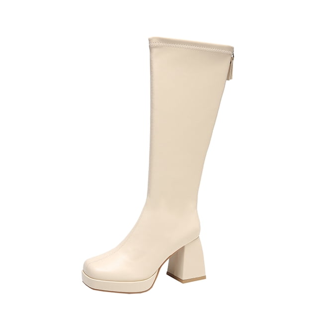 WEAIXIMIUNG Ladies Ankle Boots Dressy Ladies Fashion Solid Color Leather Square Toe Back Zip High Heel Boots