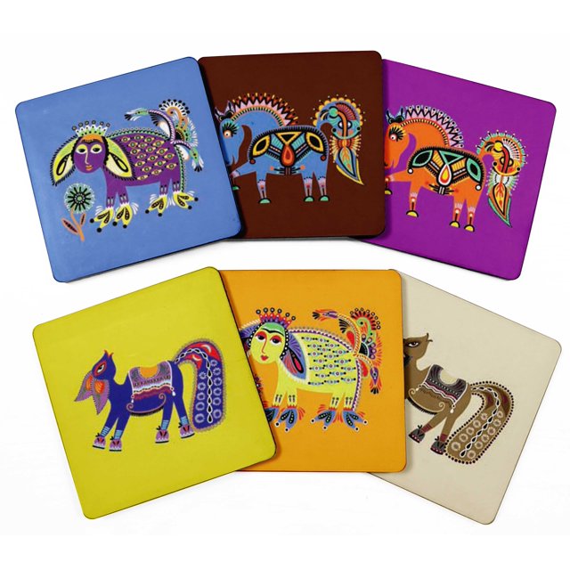 Inkdotpot Set of 6 Drink Coasters DecorativeNon,SlipCork Base4-inch Square PrintedCoastersEasy Clean- Tribal Animals