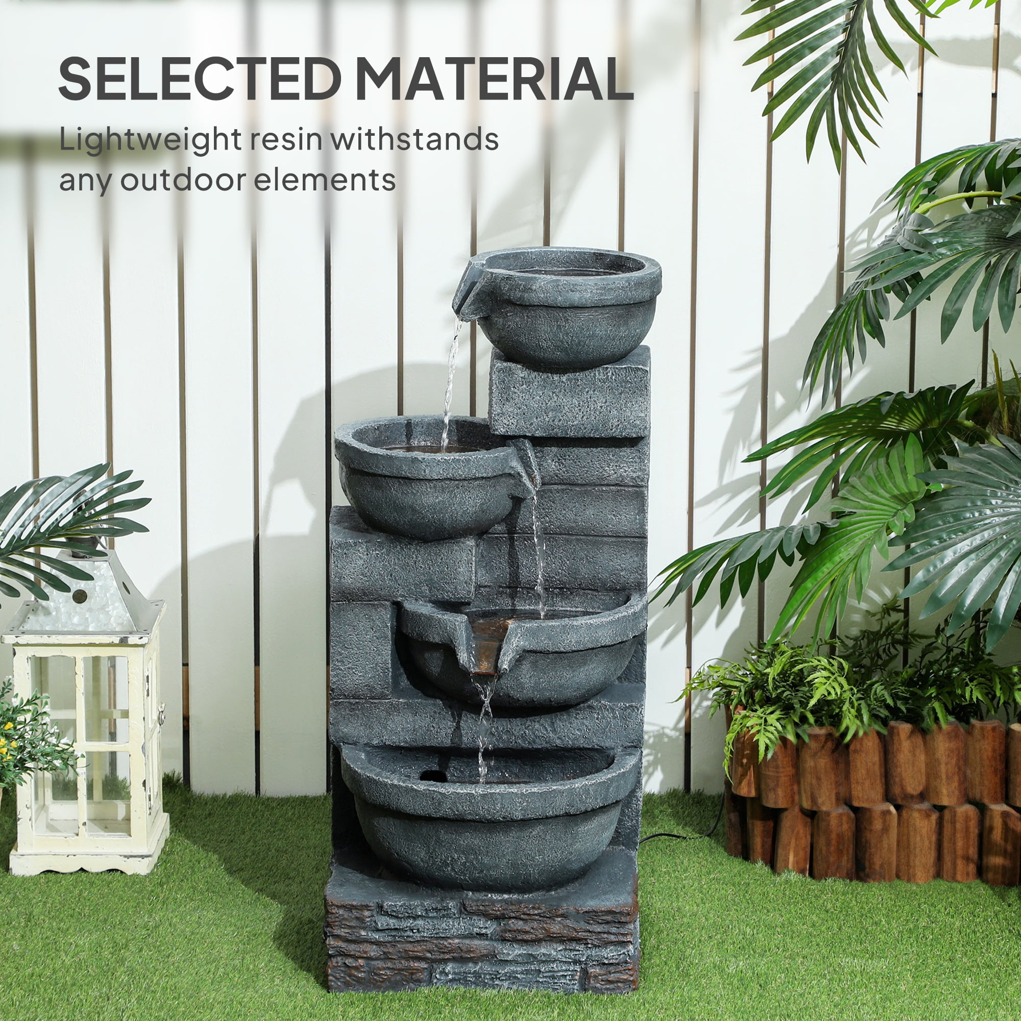 Homiyad 30" Tall Outdoor Water Fountain with LED Lights, 4-Tier Resin Cascading Bowls Outdoor Fountain Waterfall Fountain with Pump, Gray