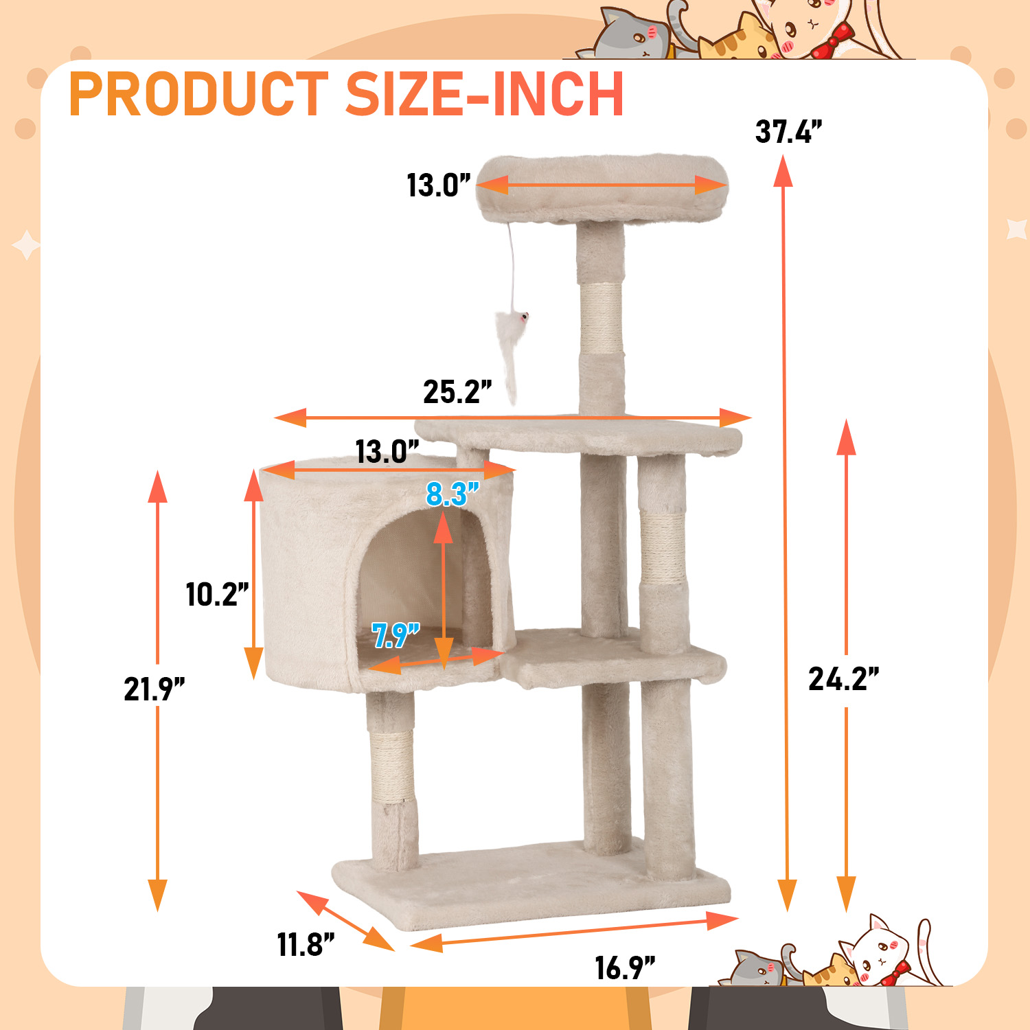 BestPet Cat Tree 37" Tall Cat Tower Kitten with Scratching Posts and Perches Indoor Activity Center for Cats (Beige)