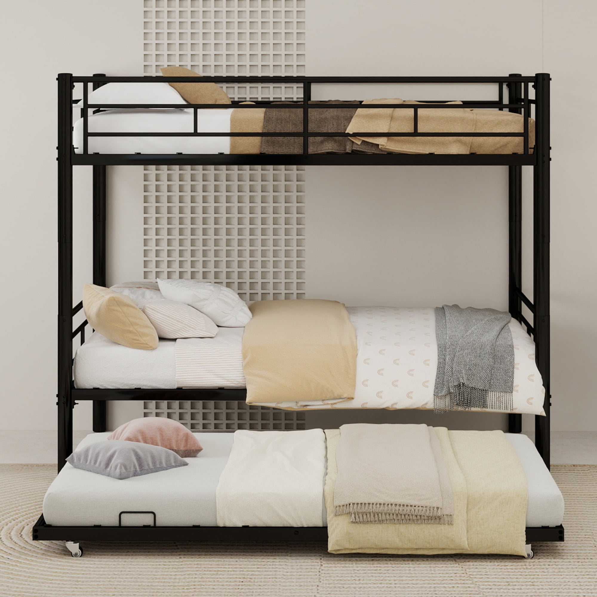 Leumius Twin over Twin Bunk Bed with Trundle,Heavy Duty Metal Bed Frame with Full-Length Guardrail and Ladders for Kids/Teens/Adults,Space-Saving,Black