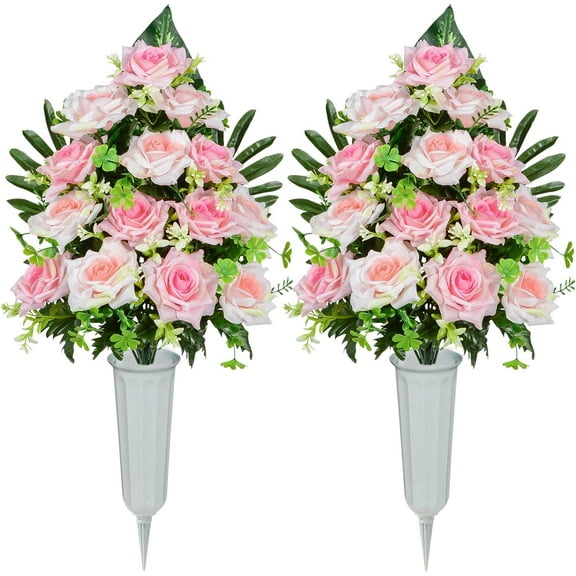 Artificial Cemetery Flowers, Memorial Rose Flowers Grave Decoration Flower Bouquets with Vase for Cemetery Graveyard Headstones Decor, Set of (Pink)