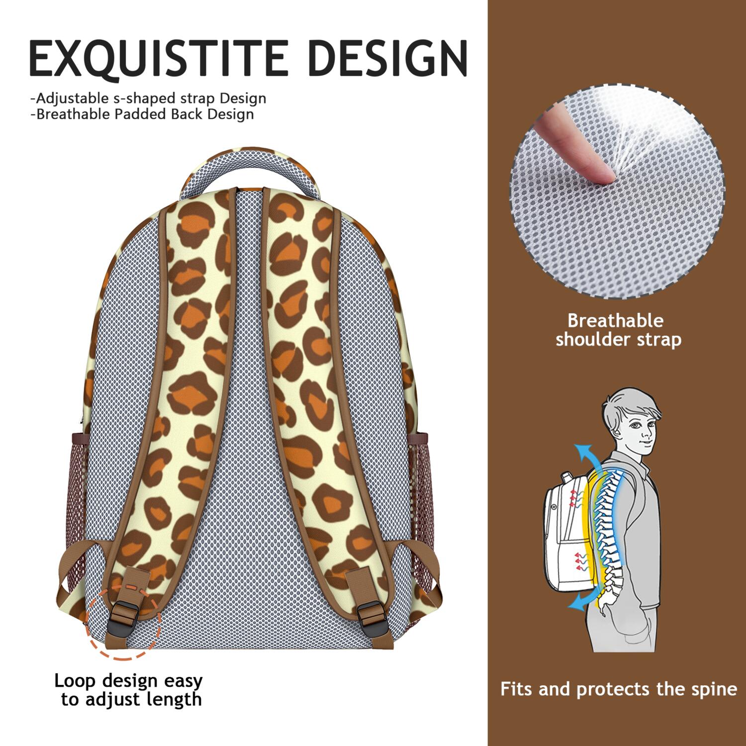 Leopard Print Backpack for School,Cute School Bag,Schoolbag with Adjustable Shoulder Straps & Padded Back,15.3"x11"x6.7"