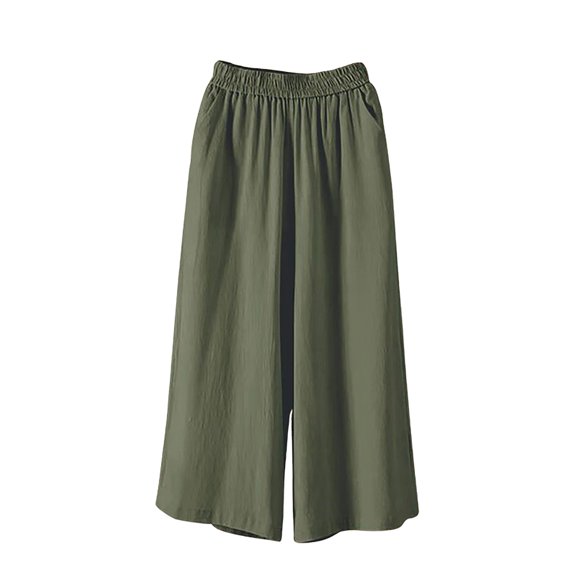 High Waist Flowy Linen Capris For Women Elastic Waistband Side Pockets Loose Fit Summer Casual Lounge Pedal Pushers Green M