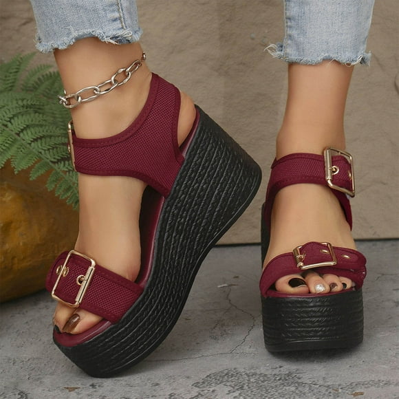 Gspmoly Sandals for Women, Women's Fashion Casual One-Line Buckle Spring And Summer New Wedge Heel Thick Bottom Fish Mouth Sandals Women's Sandles Red 42