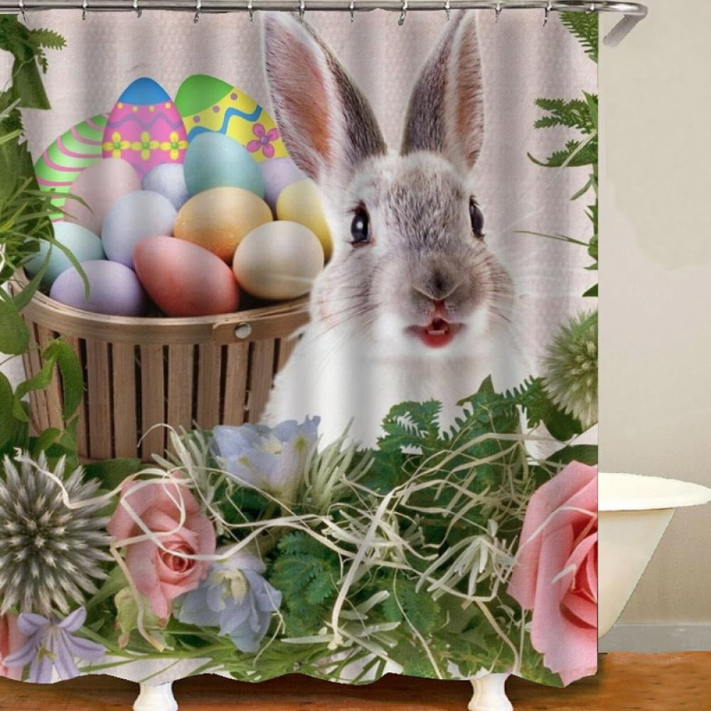 Bath Shower Curtain Happy Easter Bunny Green Waterproof Fabric Hooks Set Decor 