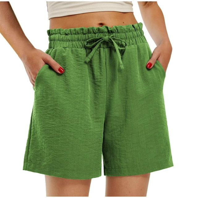 Diufon Women's Cotton Linen Shorts Elastic Waist Wide Leg Shorts Solid Color Drawstring Shorts with Pockets