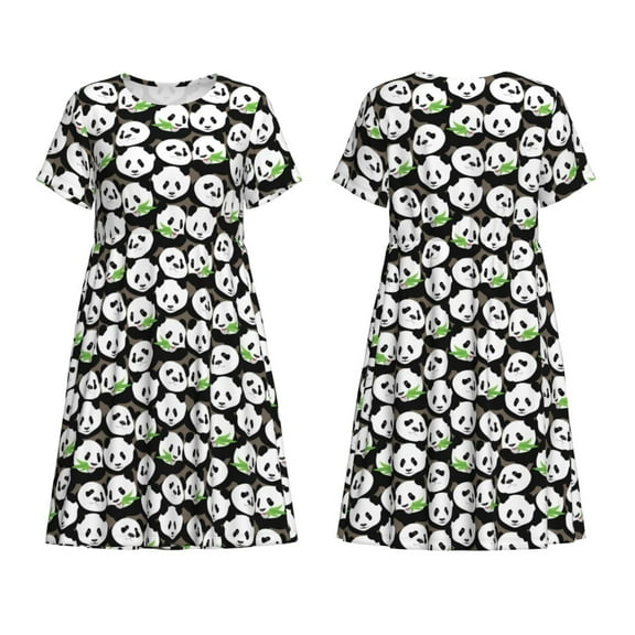 Horeoi Panda Bear Print Women's Short Sleeve Dress Breathable Polyester-Spandex All-Over Print A-Line Side Pockets Elastic Waist