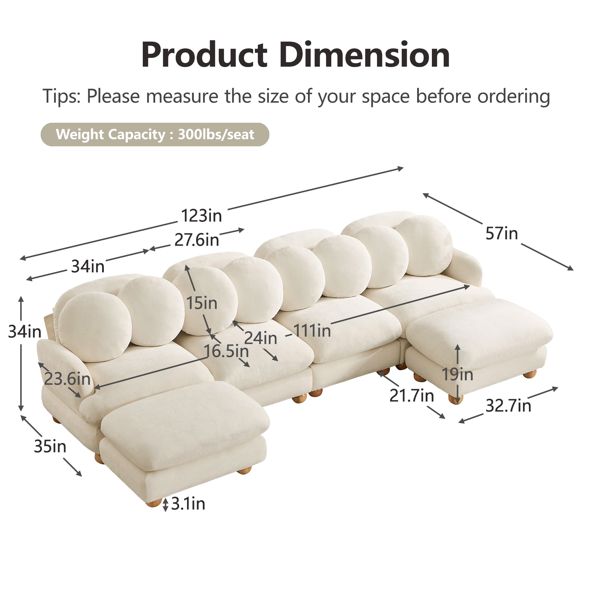 123" U-shaped 6 Seater Chenille Modular Sectional Sofa Couch with 8 Throw Pillows and 2 Ottoman
