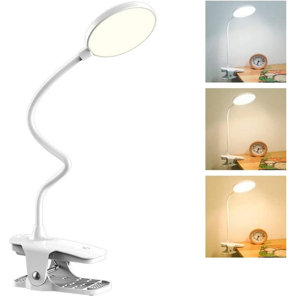 Lampe de Bureau LED sans Fil Rechargeable, 3 Couleur et 3 Intensité  Réglables, Lampe de Chevet USB Tactile avec Pince pour Enfants ,  360°Portable Lampe de Lecture Clipsable [Classe énergétique A+++] 