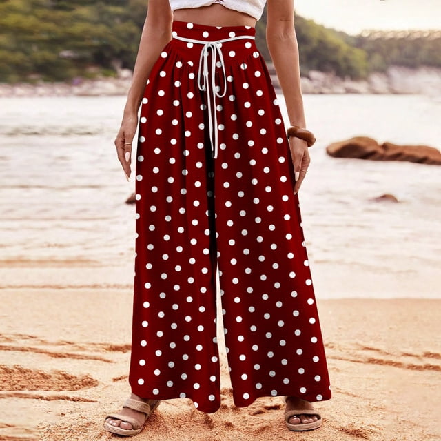 Puntoco Pantalón Ancho Con Cordón Y Estampado De Lunares Para Mujer, Color Rojo, Xxl