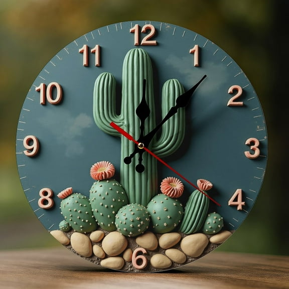 Wall Clock Decorative - Minimalist Cactus Field Print 2D Vintage Wall Clocks Battery Operated Silent Non-Ticking for Bedroom, Living Room, Kitchen, Office, Classroom, 10 Inch