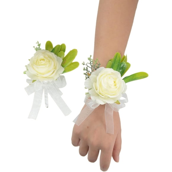 Corsage, 2PCS Wrist Flower and Corsage, Ivory Rose Corsage and Corsage Set, Wedding Bridal Wrist Flower Corsage Hand Flower Decoration Prom Party