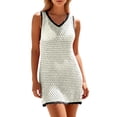 thumbnail image 3 of YUEHUA Women's Rainbow Stripe Crochet Swim Cover Up, V Neck Sleeveless Knit Dress, Casual Openwork Bikini Cover, 3 of 6