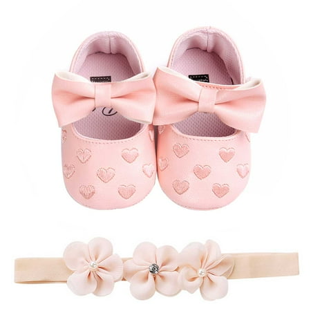 

One opening Baby Baptism Shoes Headband Set Heart Princess Dress Shoes+Flower Hairband