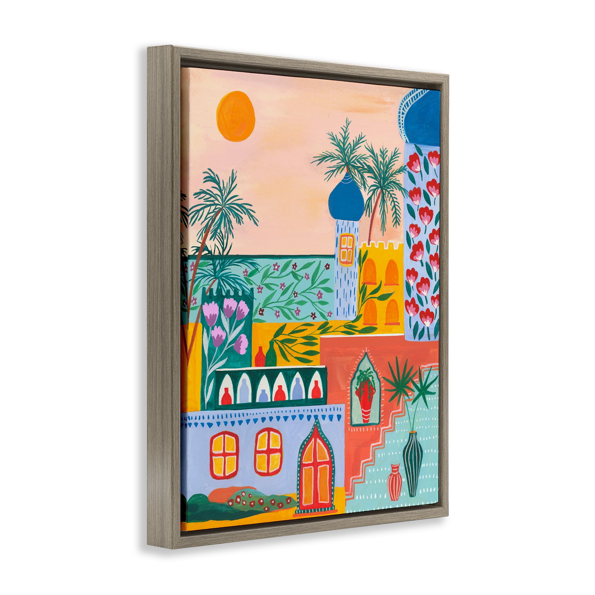 Egyptian City Architecture Brown Framed Floater Canvas Wall Art, design by Nabeela Rumi