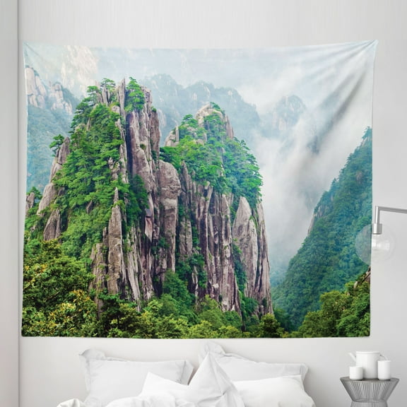 Mountain Tapestry, Majestic Slim Mountains Rocks in Clouds South Chinese Nature, Fabric Wall Hanging Decor for Bedroom Living Room Dorm, 5 Sizes, Green Brown White, by Ambesonne