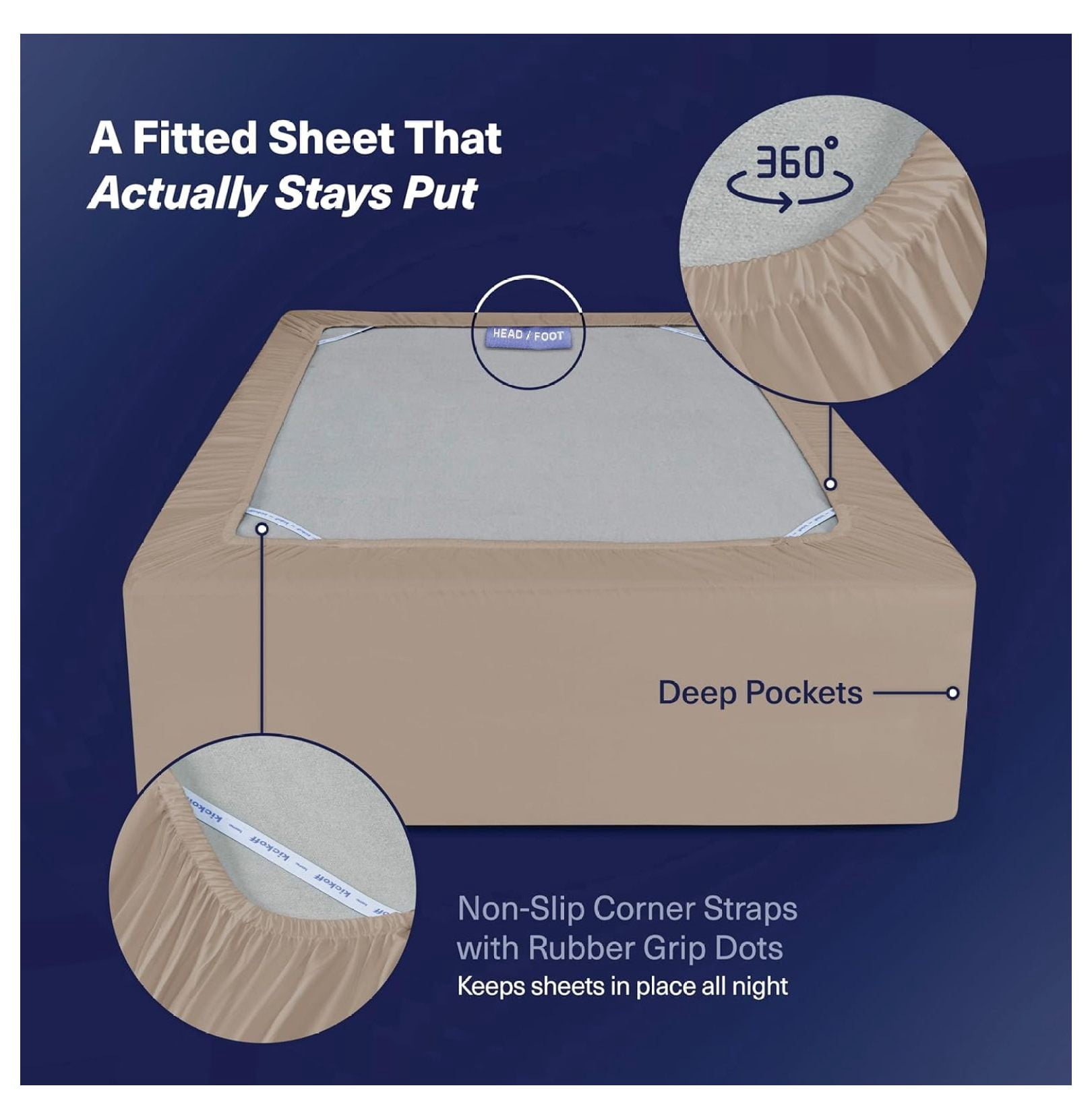 Kickoff Viscose Bamboo Fitted Sheet Queen Size, 100% Organic Cooling Sheets Fitted ONLY Viscose Bamboo Sheets Queen Size Bed Sheet for Hot , Extra Deep Pocket, 4 Corner Strap (Q, Iced Latte)