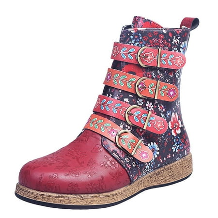 

Round Shoes Booties Print Middle Zipper Flowers Women Retro Flat Embroidery Toe Women s Boots Thin Wool Socks Womens Mid Calf Boots for Women No Heel Wide Calf Womens Boots Mid Calf High Mid Calf
