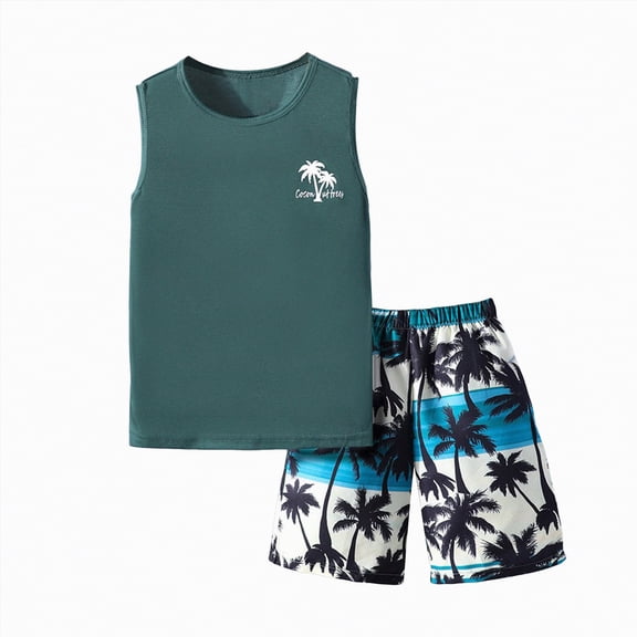 TOWED22 Baby Toddler Boy Clothing 2 Piece Sets Sleeveless Shirt Top   Colorful Graphic Elastic Waist Shorts Summer Outfits(Green,11-12 Y)
