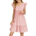 thumbnail image 2 of Spazoro Toddler Girls A-Line Dress, Casual V-Neck Solid Color Short Sleeve Princess Dresses for Child Girls Pink Size 5-6T, 2 of 5