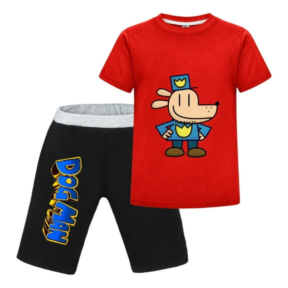 Dog Man Cartoon Pose Kids Outfit Set – Boys Girls Short-Sleeve Graphic T-Shirt and Shorts 2-Piece Cartoon Clothing for Summer Play, Sleepwear, or Casual Wear
