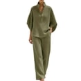 thumbnail image 4 of Breezora Women's Summer Casual Knit 2 Piece Outfit Batwing Sleeve Stand Collar Blouse Wide Leg Pants Loose Fit Set, 4 of 7