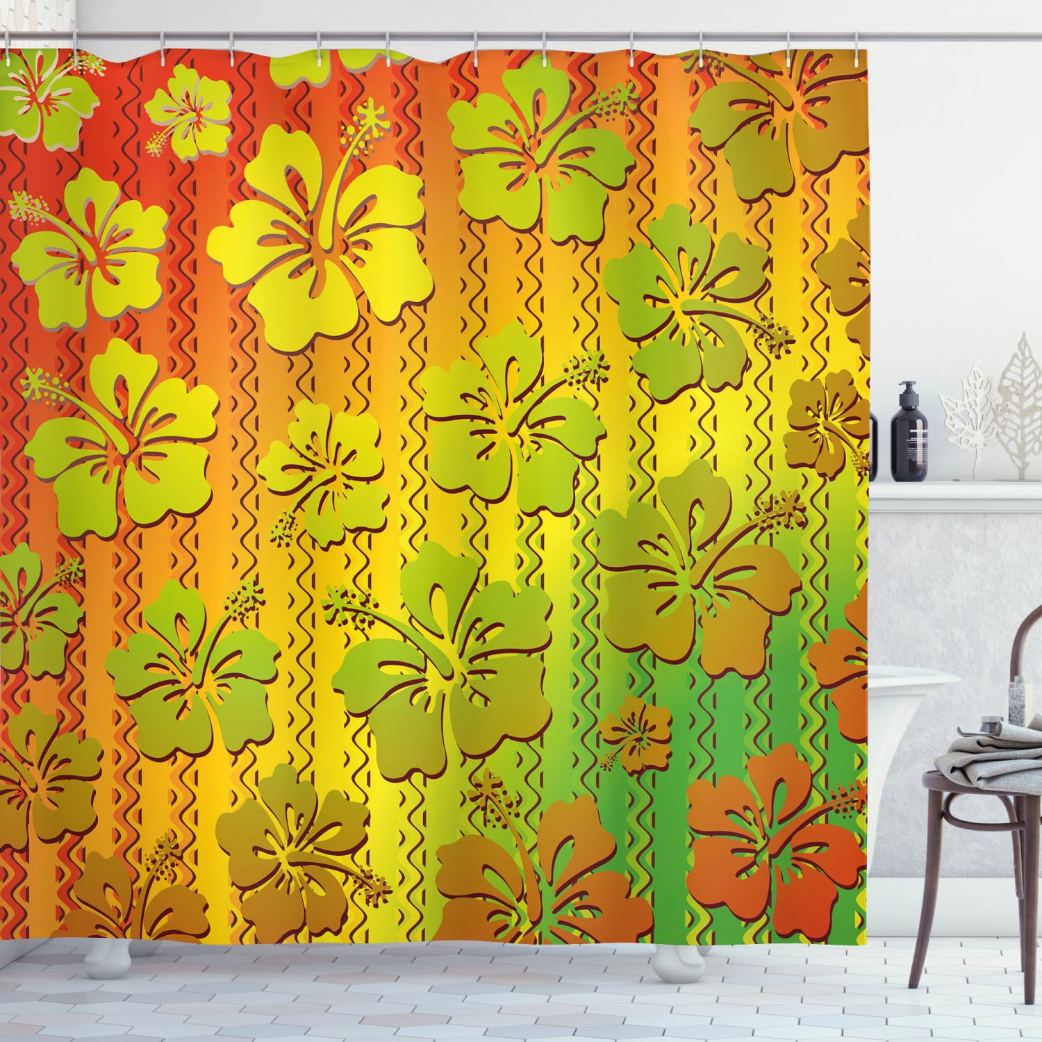 Rasta Shower Curtain, Hibiscus Exotic Jamaican Island Flower with Zig