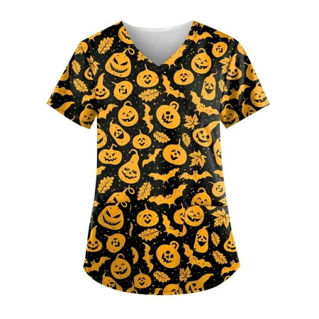 

Odeerbi Womens Printing Stretchy Scrub Tops Comfortable Lightweight Working Uniform Trendy Short Sleeve V Neck Scrubs with Pocket Yellow