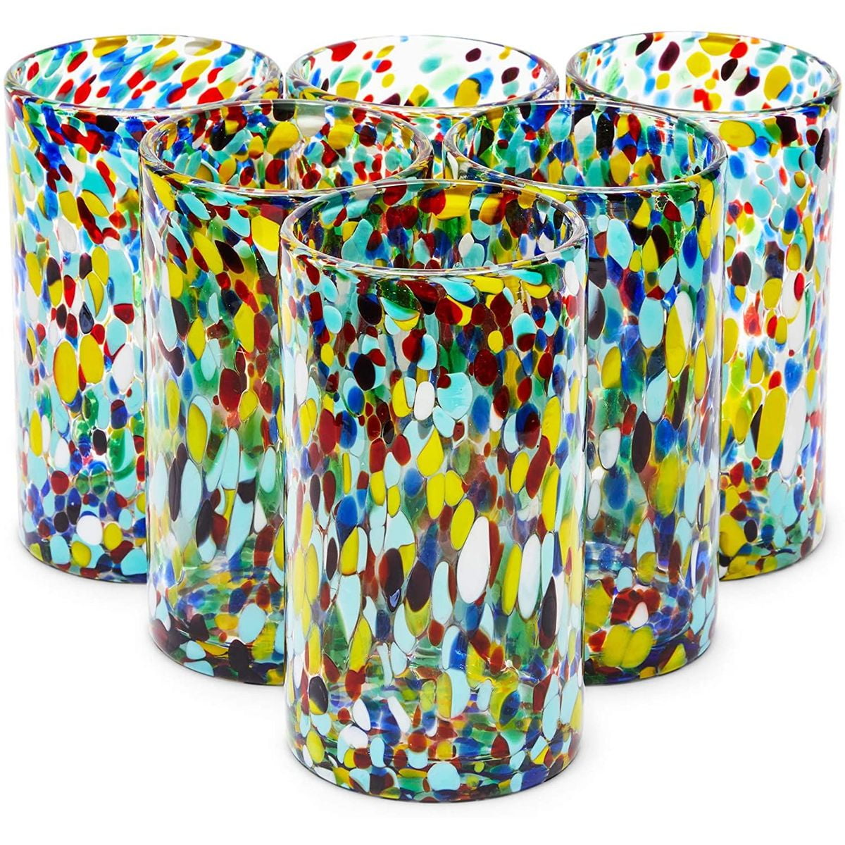 MexHandcraft Set of 6 Mexican Blown Glass Drinking Glasses Confetti Rocks