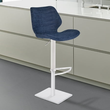 Collection Brushed Stainless Steel Bar - Armen Living Falcon Adjustable Swivel Barstool in Brushed Stainless Steel with Dark Vintage Blue Faux Leather